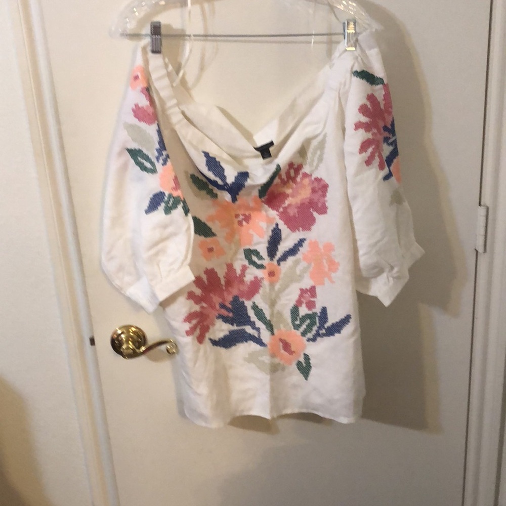 Ann Taylor, New, White Off Shoulder Linen Blend Embroidered Floral Top, XL - Picture 5 of 6